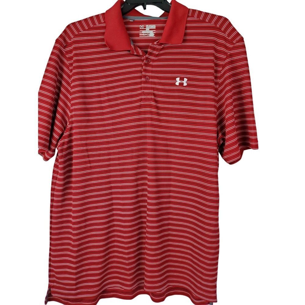 Under Armour Mens Loose Heat Gear Golf‎ Polo Red Striped Short Sleeve Shirt 2XL
